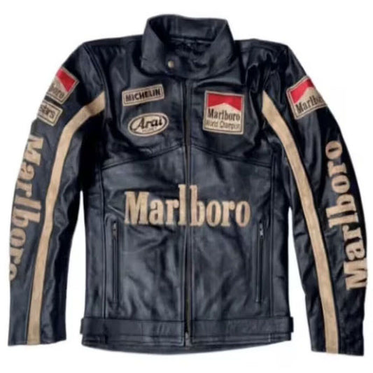 Vintage Black Marlboro Men's Genuine Cow Leather Motorcycle Jacket