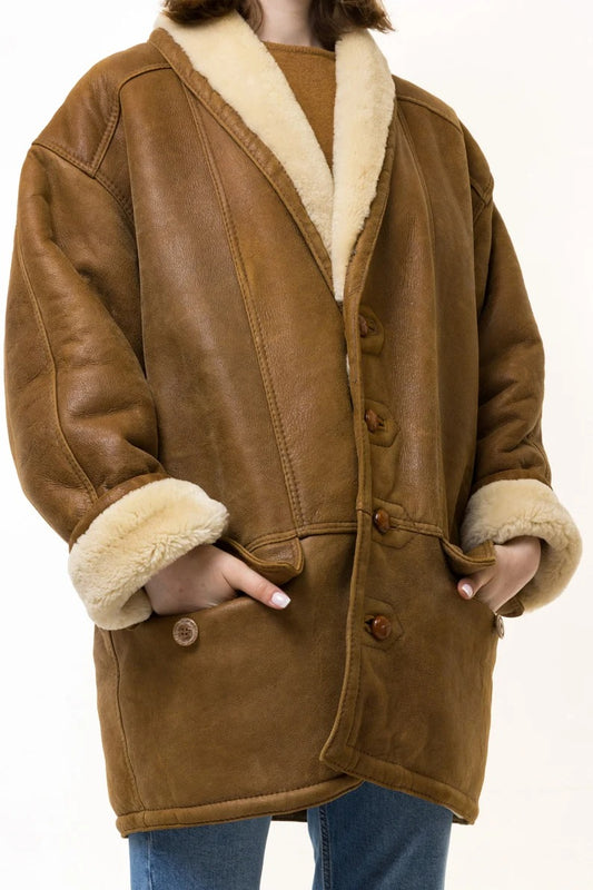 Vintage Suede Sheepskin Shearling Coat - 80s Retro Style