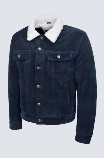 Western Style Blue Suede Shearling Leather Jacket