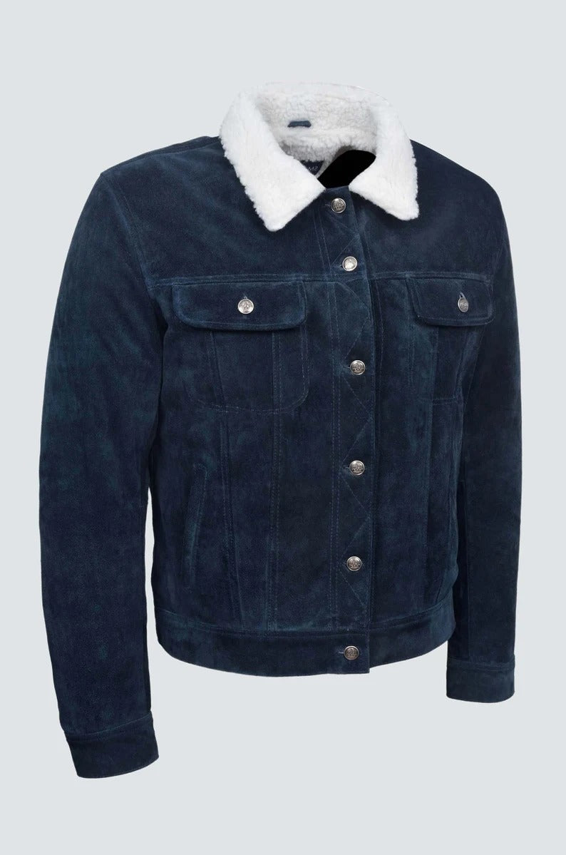 Western Style Blue Suede Shearling Leather Jacket