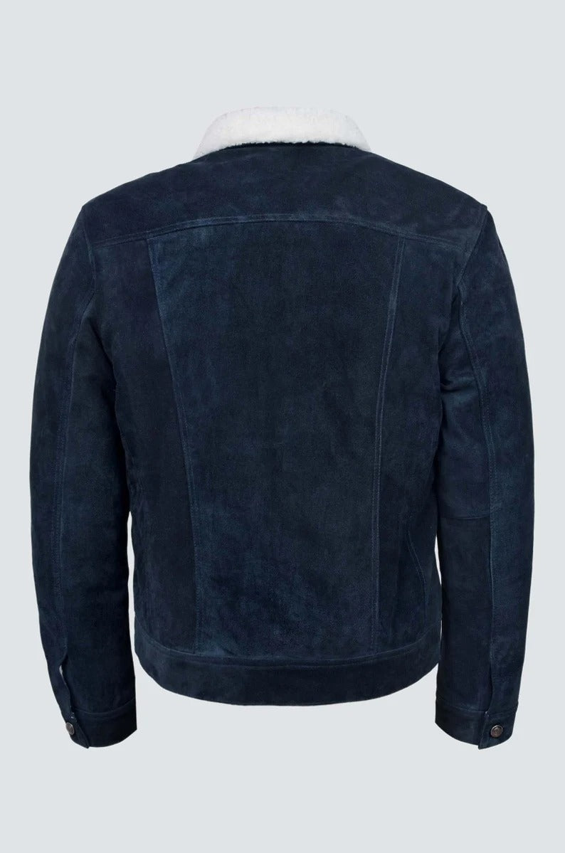 Western Style Blue Suede Shearling Leather Jacket