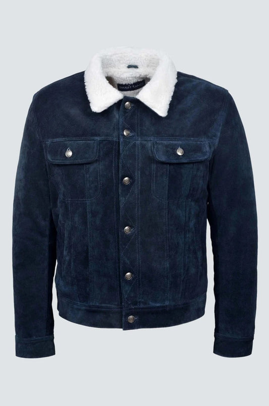 Western Style Blue Suede Shearling Leather Jacket