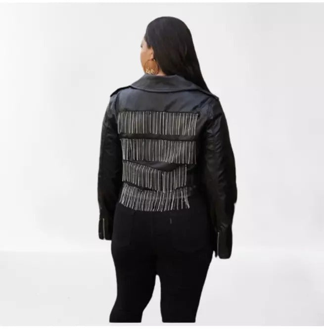 Women Black Leather Cropped Biker Jacket With Fringed Back
