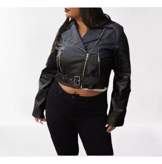 Women Black Leather Cropped Biker Jacket With Fringed Back