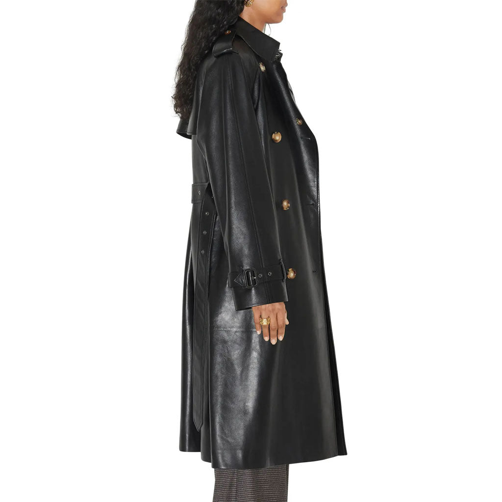 Women Black Leather Longline Trench Coat