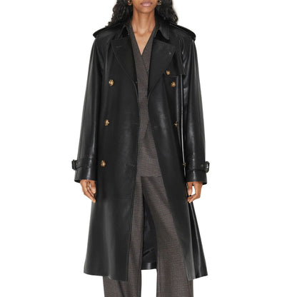 Women Black Leather Longline Trench Coat