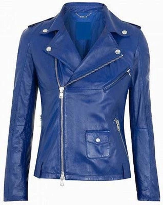 Women Blue Biker Style Fashion Leather Jacket