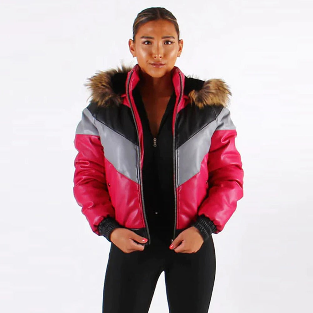 Women Brown Puffer Fur Collar Sheepskin Bubble V-Bomber Leather Jacket