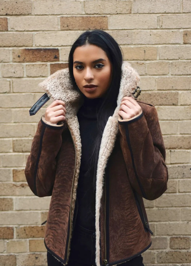 Women Brown Shearling Aviator Jacket