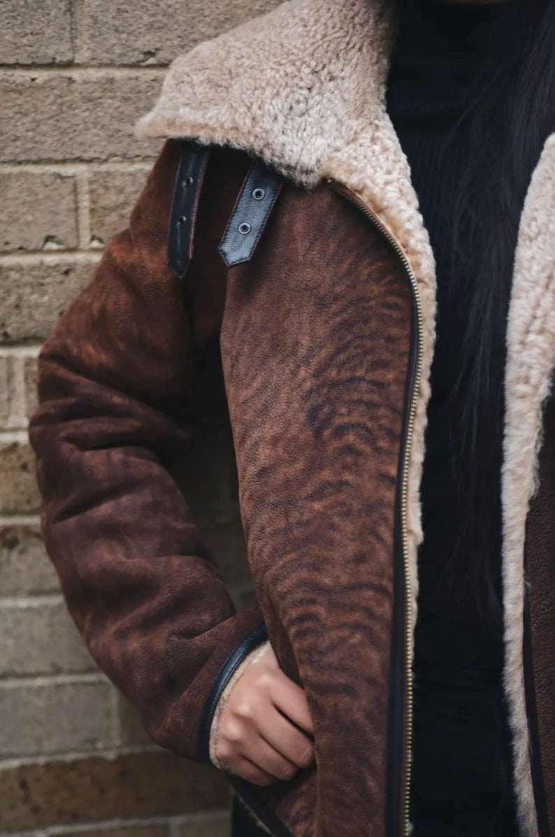 Women Brown Shearling Aviator Jacket