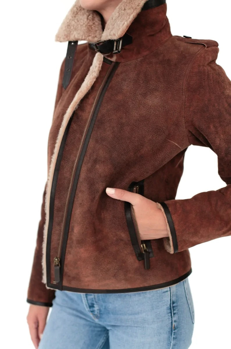 Women Brown Shearling Aviator Jacket