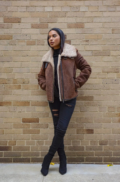 Women Brown Shearling Aviator Jacket