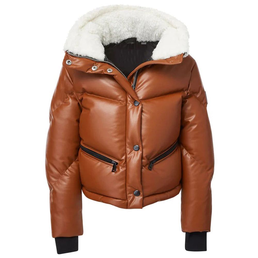 Women Brown Sheepskin Bubble V-Bomber Leather Jacket