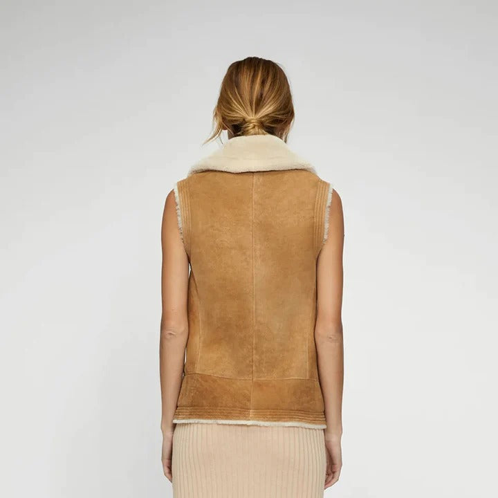 Women Brown Suede Leather Shearling Vest