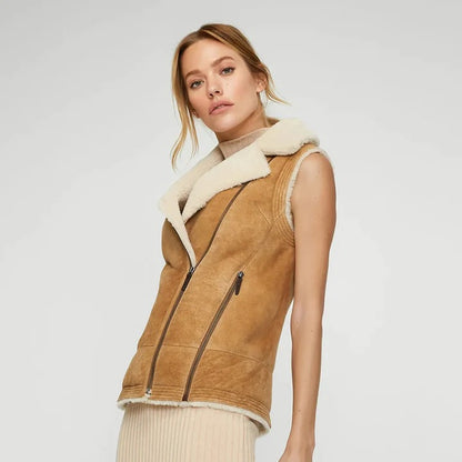 Women Brown Suede Leather Shearling Vest