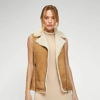 Women Brown Suede Leather Shearling Vest