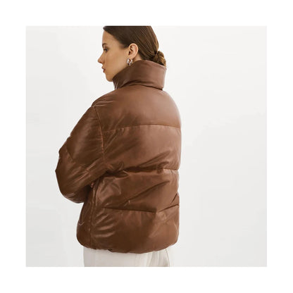 Women Bubble Brown V-Bomber Puffer Lambskin Leather Jacket