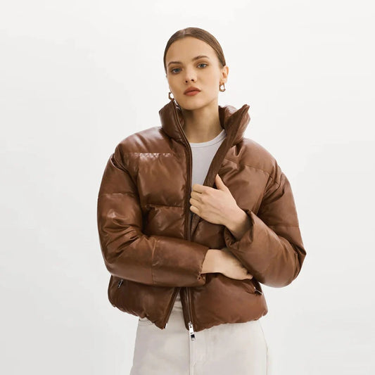 Women Bubble Brown V-Bomber Puffer Lambskin Leather Jacket