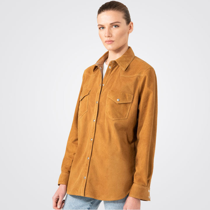 Women Camel Suede Leather Shirt