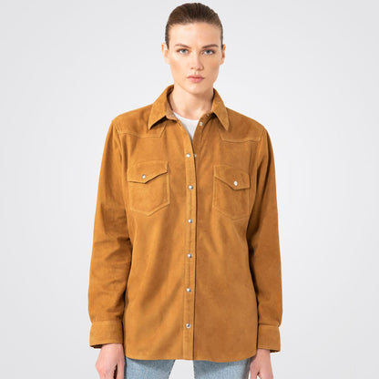 Women Camel Suede Leather Shirt