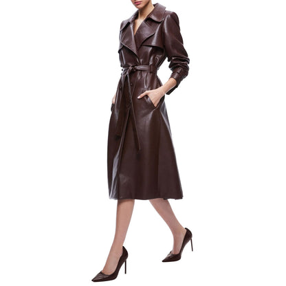 Women Chocolate Brown Leather Trench Coat