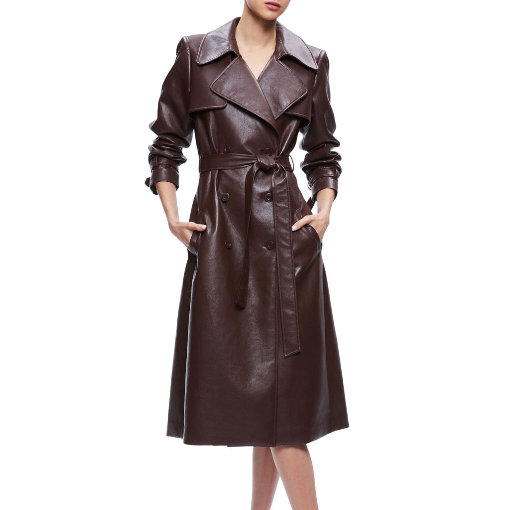 Women Chocolate Brown Leather Trench Coat