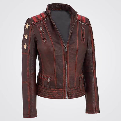 Women Distressed Red Star Biker Slim Fit Leather Jacket