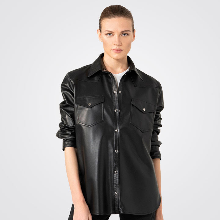 Women Full Sleeve Button Down Black Leather Shirt