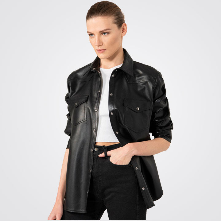 Women Full Sleeve Button Down Black Leather Shirt