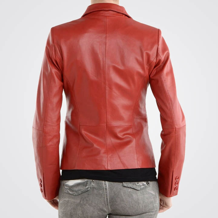 Women Genuine Lambskin Leather Blazer in Red