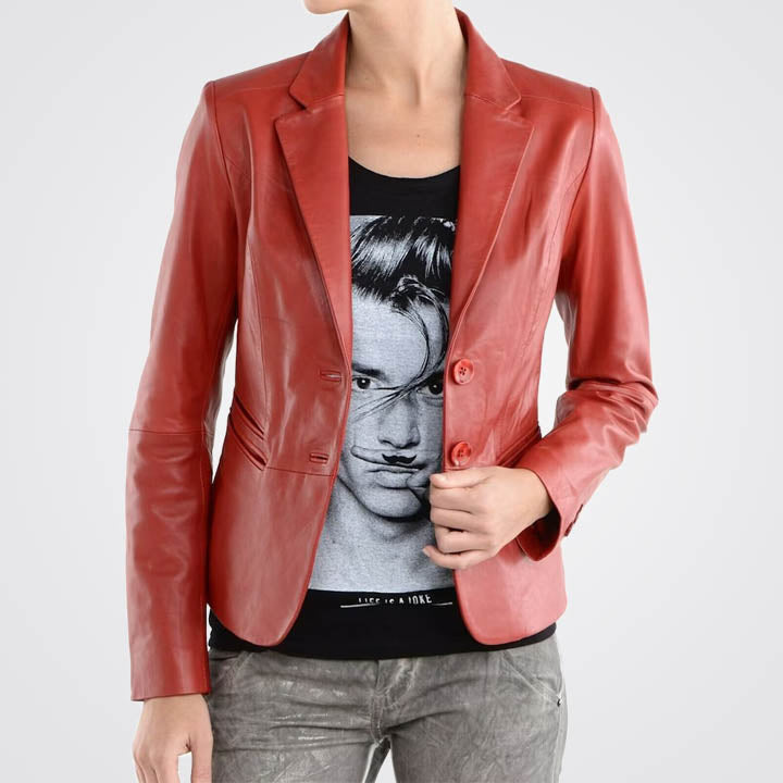Women Genuine Lambskin Leather Blazer in Red