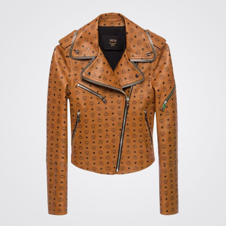 Women Genuine Lambskin Leather MCM Biker Jacket