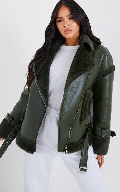 Women Green Bomber Shearling Leather Jacket