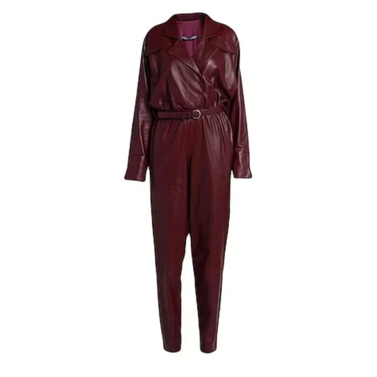 Women Leather Lapel Collar Jumpsuits