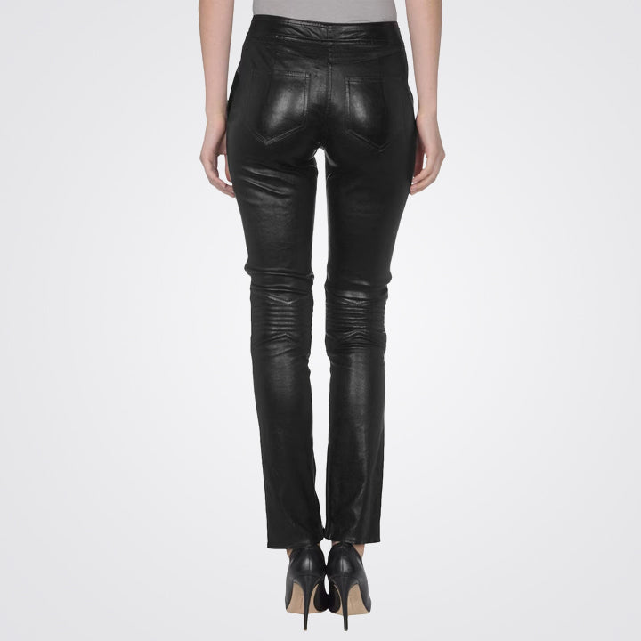 Women Black Skinny Biker Style Lambskin Leather Pant