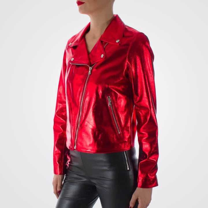 Women Metallic Red Genuine Lambskin Leather Biker Jacket