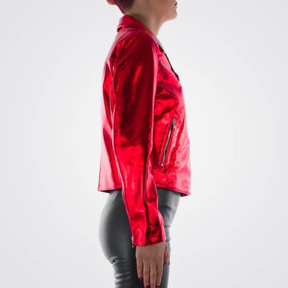 Women Metallic Red Genuine Lambskin Leather Biker Jacket