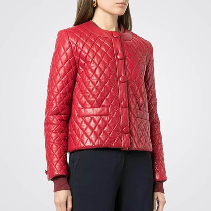 Women Quilted Red leather Bomber Jacket