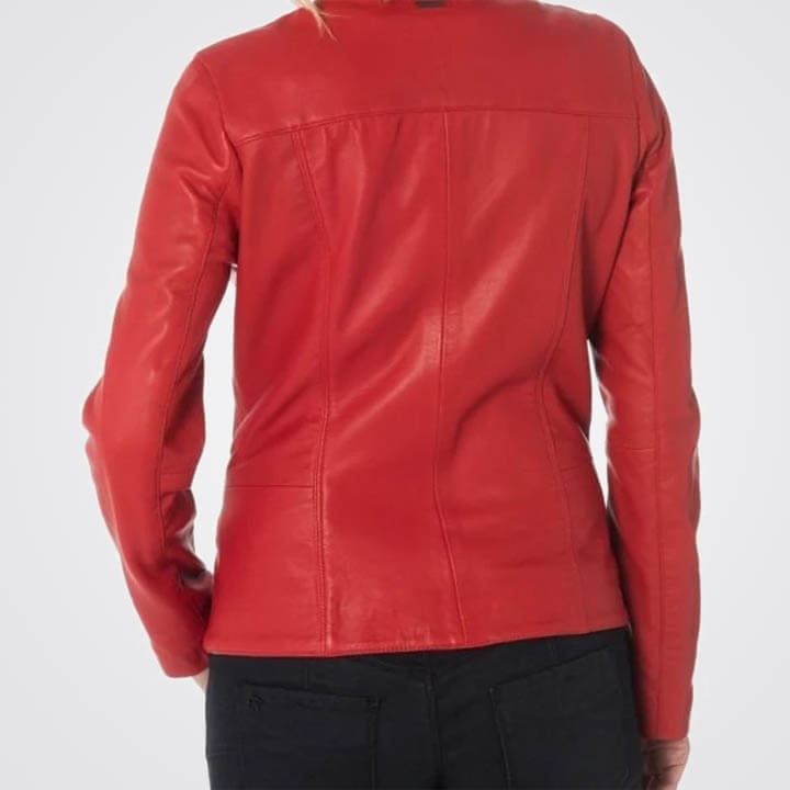 Red Collarless Leather Biker Jacket