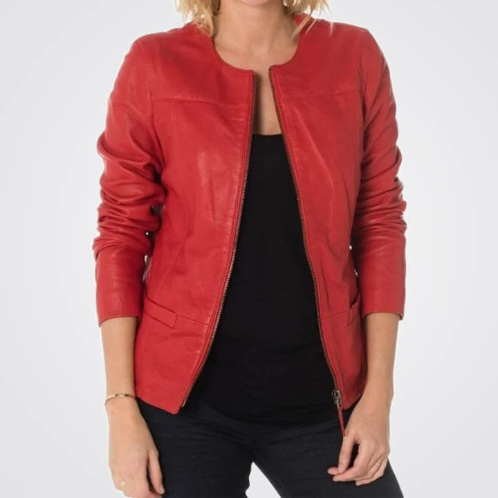 Women Red Collarless Leather Biker Jacket