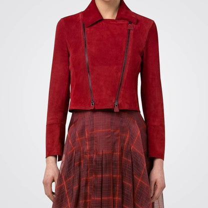 Women Red Cropped Suede Moto Jacket