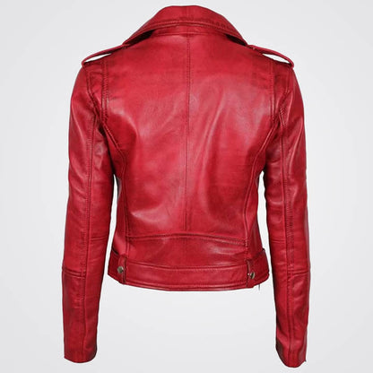Women Red Genuine Lambskin Leather Motorcycle Jacket