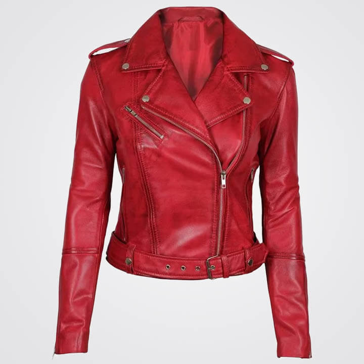 Women Red Genuine Lambskin Leather Motorcycle Jacket