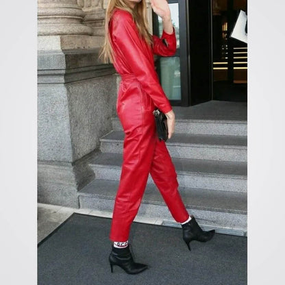 Women Red Leather Catsuit Jumpsuit
