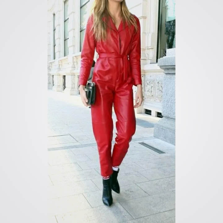 Women Red Leather Catsuit Jumpsuit