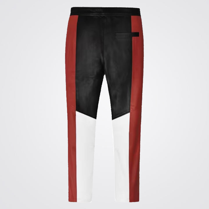 Women Red Leather Pant with White and Black Stripes