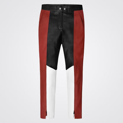Women Red Leather Pant with White and Black Stripes