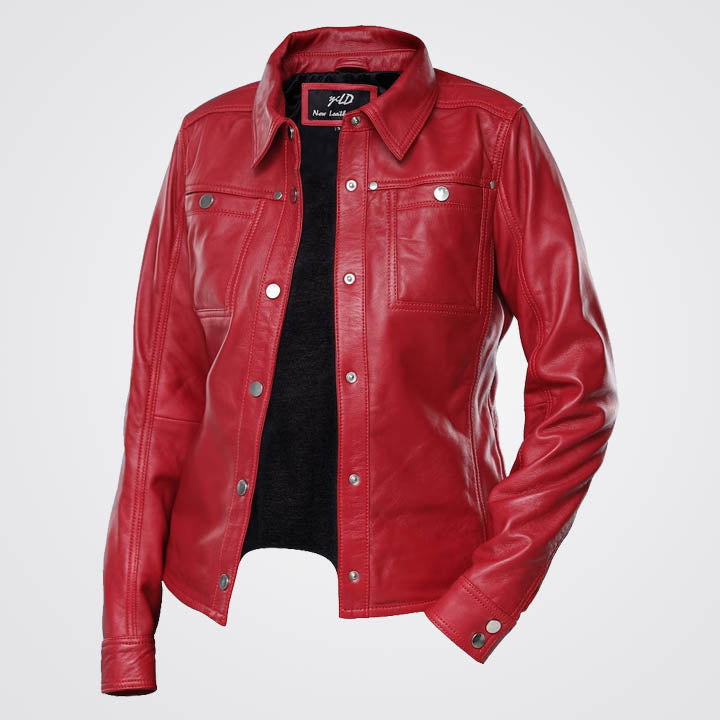 Women Red Shirt Style Leather Jacket