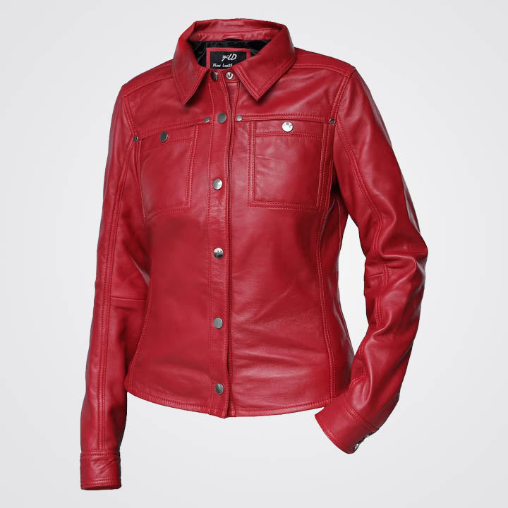 Women Red Shirt Style Leather Jacket