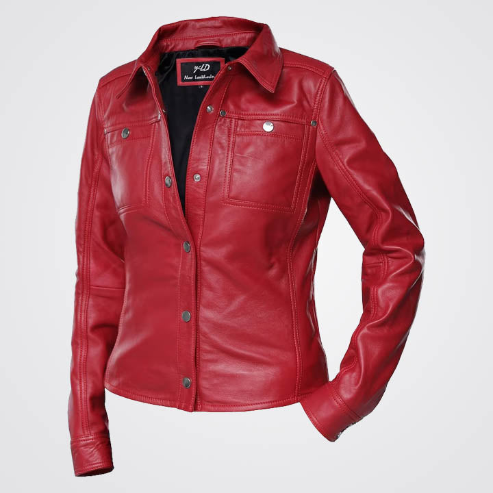 Women Red Shirt Style Leather Jacket